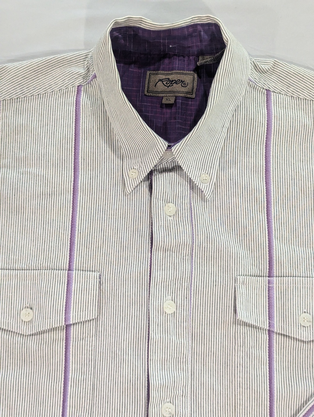 Roper Shirt Mens XL White Purple Striped Long Sleeve Button Up Western Pockets